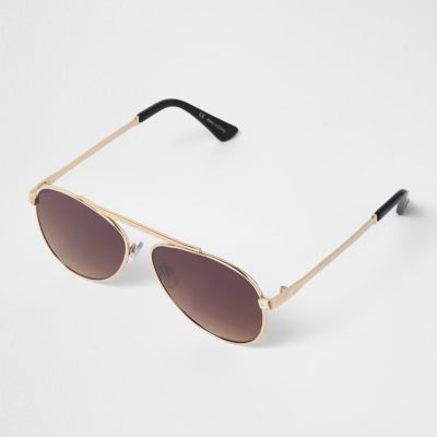 Gold tone brow bar aviator sunglasses